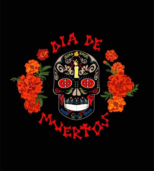 Shirt Print Mit Buntem Mexikanischen Zuckerschädel Ringelblume Und Dia Muertos — Stockvektor