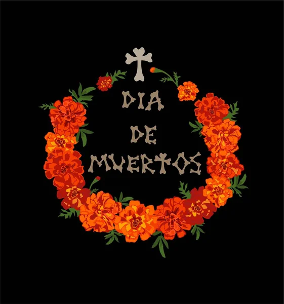 Отпечаток Футболки Дню Мертвых Красным Оранжевым Цветочным Венком Начертанием Ручной — стоковый вектор