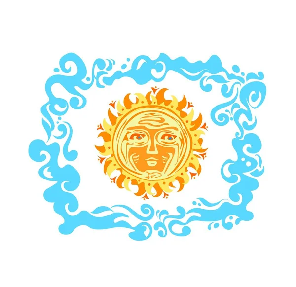 Camiseta Dibujo Mano Estampado Veraniego Con Sol Vintage Marco Olas — Archivo Imágenes Vectoriales