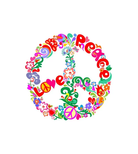Stylisches Hippie Peace Blume Symbol Mit Abstrakten Blumen Federn Herzen — Stockvektor