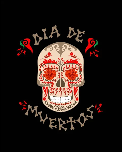 Camiseta Estampada Con Calavera Azúcar Mexicana Con Chile Rojo Caléndula — Archivo Imágenes Vectoriales