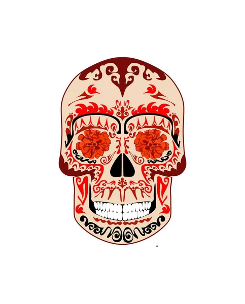 Shirt Print Mit Mexikanischem Zucker Tattoo Totenkopf Mit Roter Ringelblume — Stockvektor