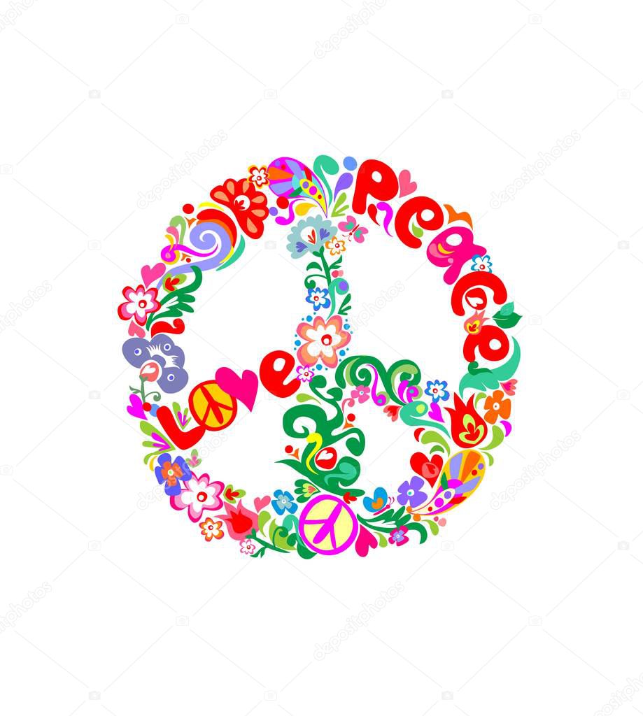 Stylish hippie peace flower symbol with abstract flowers, feathers, hearts, butterfly and love and peace word