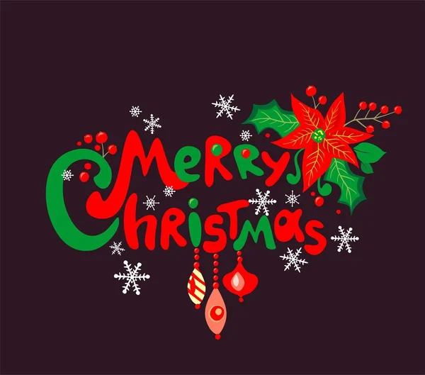 Etiqueta Divertida Con Mano Feliz Navidad Dibujo Rojo Letras Verdes — Vector de stock