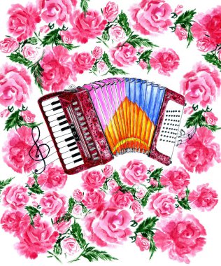 Illustration of an accordion vintage music instrument, hand drawn watercolor art, grunge background. clipart