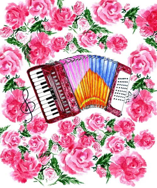 Illustratie Van Een Vintage Accordeonmuziek Instrument Hand Getrokken Aquarel Kunst — Stockfoto