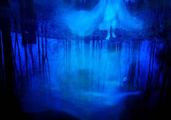 Abedules Fantasmas Reflejados Agua Estrellas Brillantes Fondo Fantasía Surrealista —  Fotos de Stock