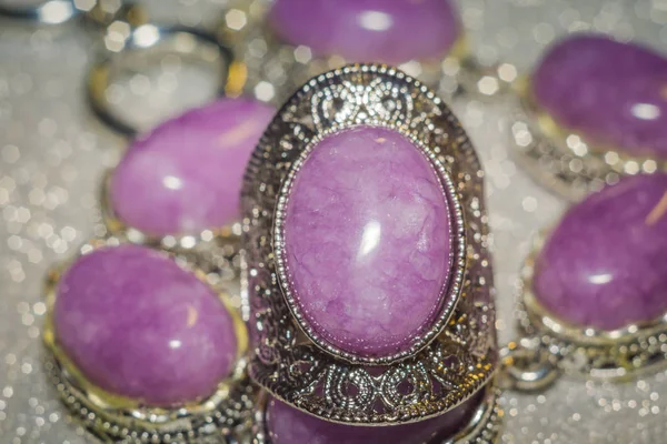Joyas Plata Vintage Con Piedra Rosa Púrpura Kunzite Ágata Cuarzo —  Fotos de Stock