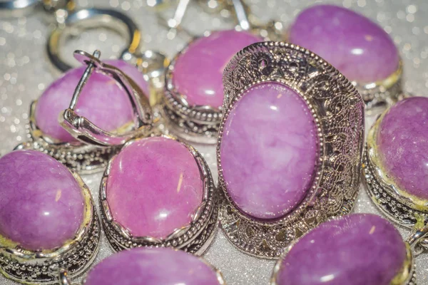 Joyas Plata Vintage Con Piedra Rosa Púrpura Kunzite Ágata Cuarzo —  Fotos de Stock