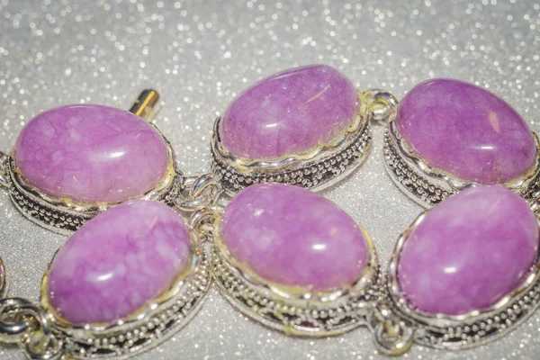 Vintage Silver Jewelry Purple Pink Stone Kunzite Agate Quartz — Stock Photo, Image