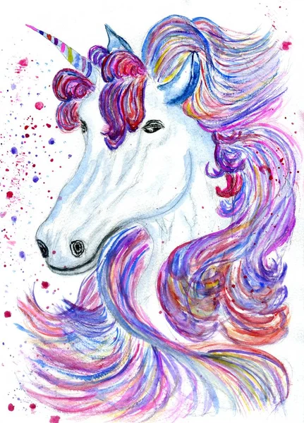 Maravilloso Unicornio Con Colorida Melena Ilustración Dibujada Mano — Foto de Stock