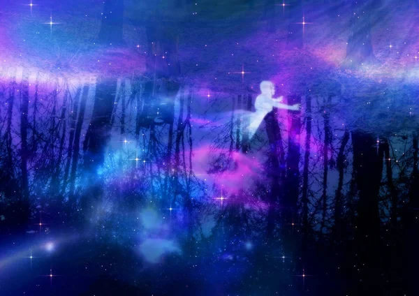 バーチの木と幽霊水と輝く星は 超現実的なファンタジー背景に反映 — ストック写真