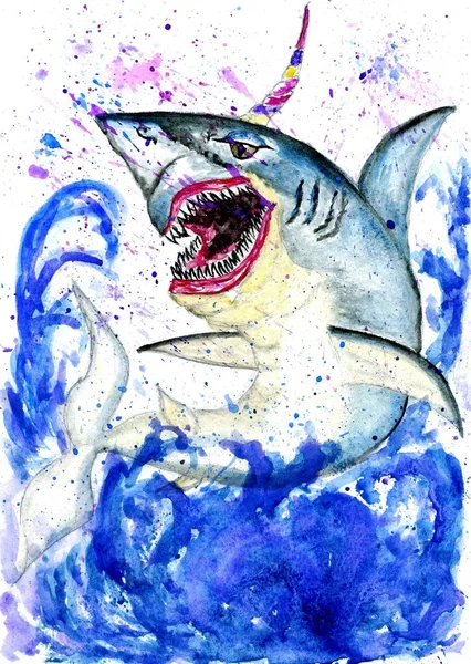 Rekin Wspaniały Jednorożec Kolorowe Róg Ilustracja — Zdjęcie stockowe