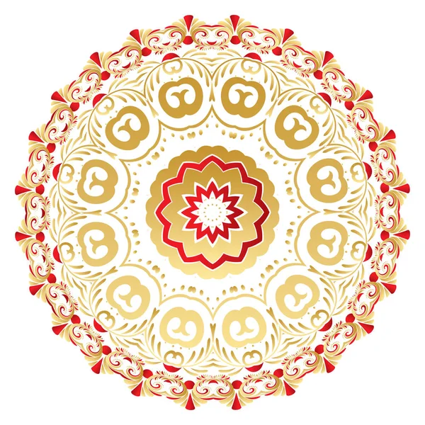 Ornamento Redondo Decorativo Feito Elementos Florais Dourados Vermelhos — Vetor de Stock