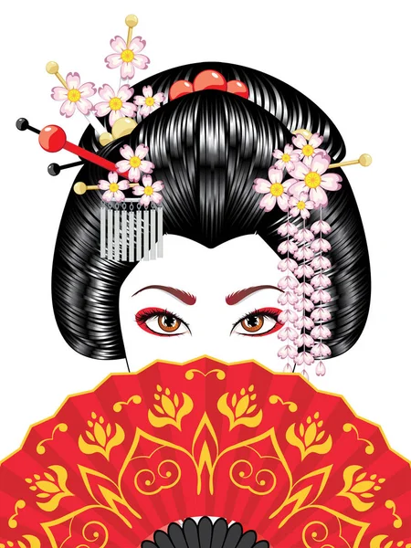 Oriental Girl Traditional Geisha Hairstyle Makeup Decorative Fan — Stock Vector
