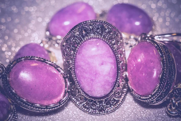 Jóias Prata Vintage Com Pedra Roxa Rosa Kunzite Ágata Quartzo — Fotografia de Stock