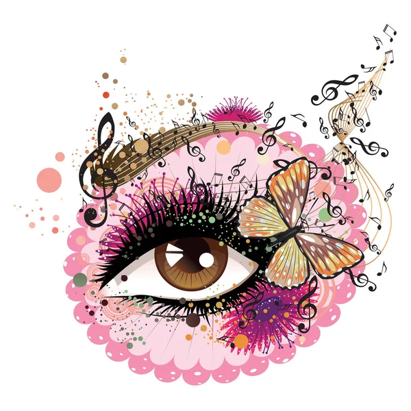 Decorative Eye Long Eyelashes Flowers Musical Notes Butterflies — Stock Vector