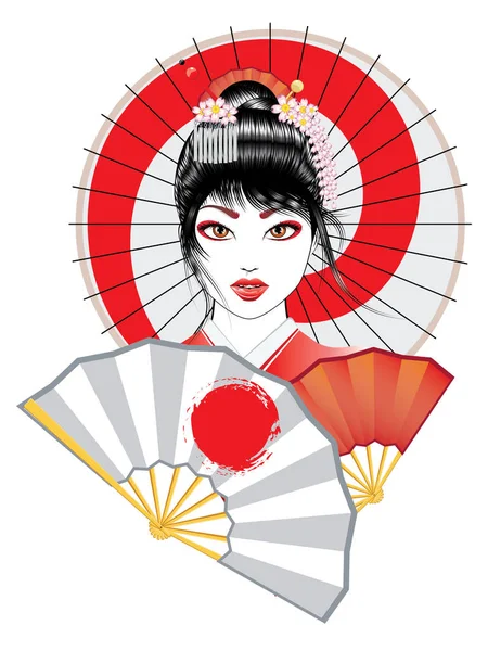 Porträt Einer Geisha Mit Orientalischem Fächer Und Dekorativem Regenschirm — Stockvektor
