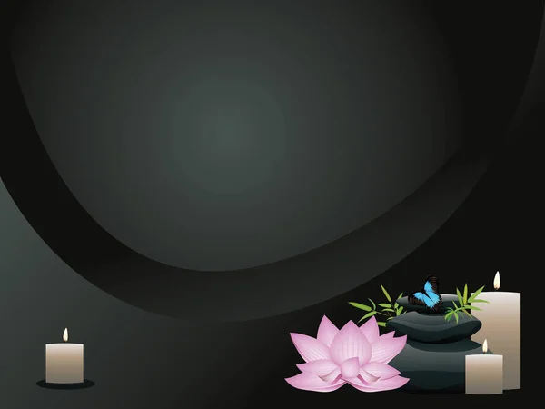 Zwarte Steentjes Stapel Zen Stenen Heap Paarse Lotus Bloem Achtergrond — Stockvector