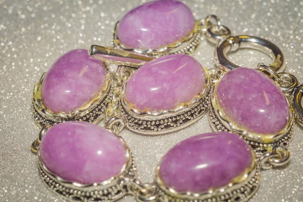 Gioielli Vintage Argento Con Pietra Rosa Viola Kunzite Agata Quarzo — Foto Stock