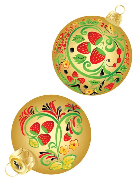 Ornamenti Floreali Popolari Con Fragola Sulle Palle Natale Illustrazione — Vettoriale Stock