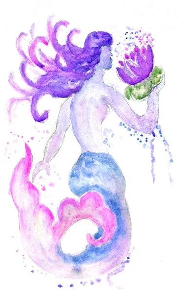 Ręka Ciągnione Fantastyczne Stworzenia Podwodnego Mermaid Akwarela Ilustracja — Zdjęcie stockowe