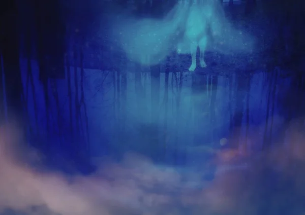 Berken Ghost Weerspiegeld Het Water Gloeiende Sterren Surrealistische Fantasie Achtergrond — Stockfoto