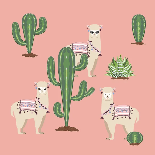 Carino Cartone Animato Alpaca Con Cactus Design Sfondo — Vettoriale Stock