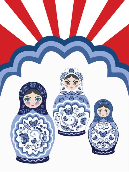 Poster Mit Traditionellen Russischen Souvenir Matrjoschka Puppen Mit Volkstümlichen Ornamenten — Stockvektor