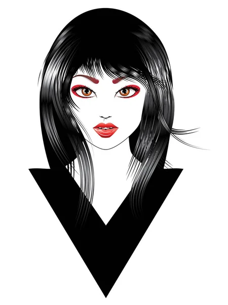 Cartoon Oriental Girl Black Hair Asian Hairstyle — Stock Vector