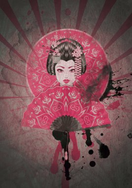 VINTAGE poster karikatür geyşa ile grunge kağıt arka plan dokulu.