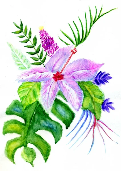 装饰的热带树叶和五颜六色的花朵水彩插图 — 图库照片