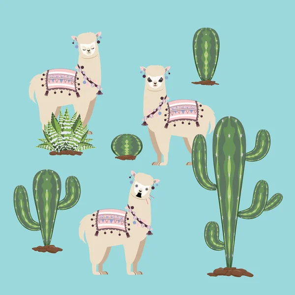 Carino Cartone Animato Alpaca Con Cactus Design Sfondo — Vettoriale Stock