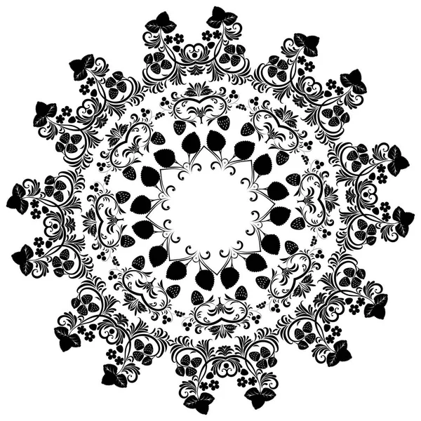 Чорний Народний Квітковий Орнамент Ілюстрацією Полуниці — стоковий вектор