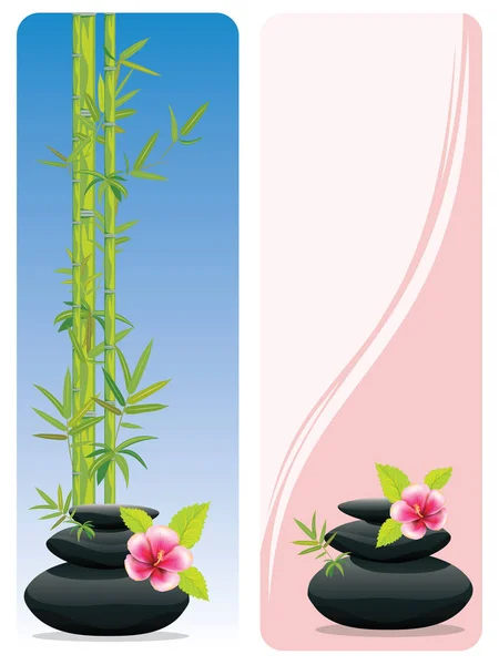 Black Pebbles Pile Zen Stones Heap Flower Bamboo Banners White — Stock Vector