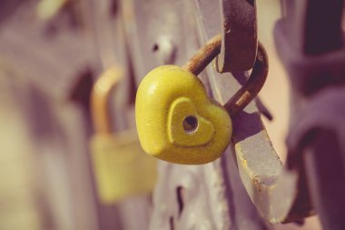 Aşk kilitleri bir metal düğün Köprüsü'nde süzülmüş arka kapatmak.