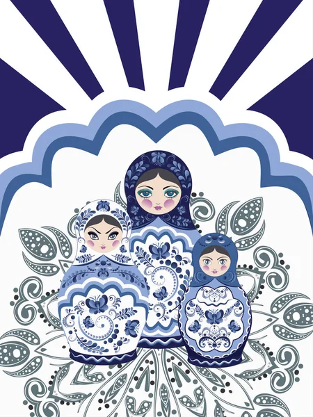 Poster Mit Traditionellen Russischen Souvenir Matrjoschka Puppen Mit Volkstümlichen Ornamenten — Stockvektor