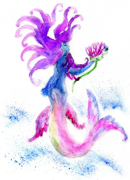 Hand Drawn Fantastic Underwater Creature Mermaid Watercolor Illustration — Stock Photo, Image