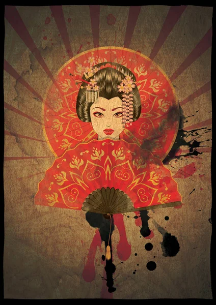 Vintage Poster Mit Der Cartoon Geisha Grunge Papier Strukturierten Hintergrund — Stockfoto