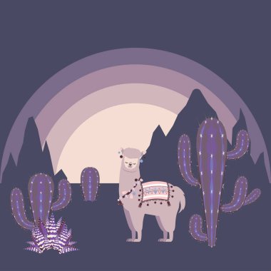 Sevimli çizgi alpaka kaktüsler ile tasarım arka plan.