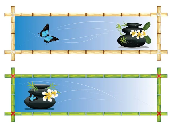 Black pebbles pile, zen stones heap with flower and bamboo banners on white background.