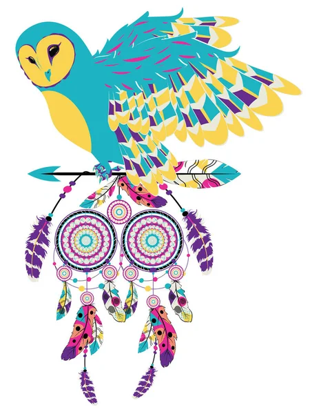 Cartoon Owl Decorative Dream Catcher Illustration — Stock Vector