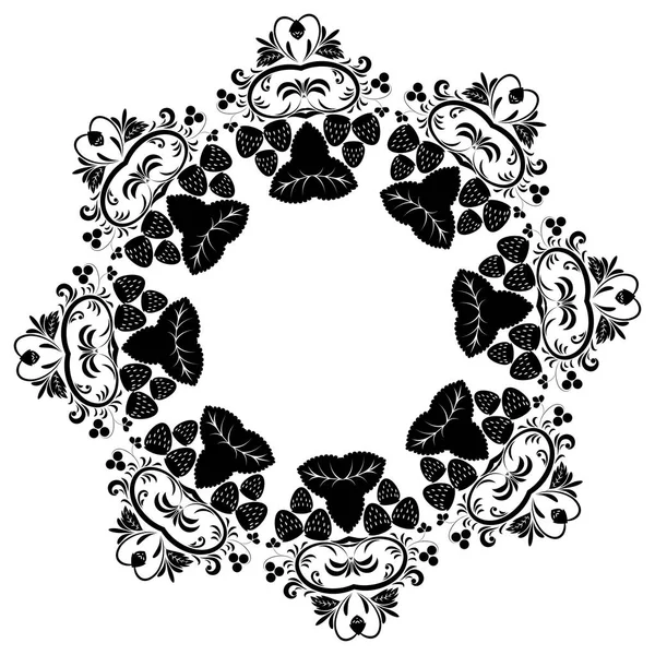 Μαύρο Λαϊκή Floral Στολίδι Φράουλες Εικονογράφηση — Διανυσματικό Αρχείο
