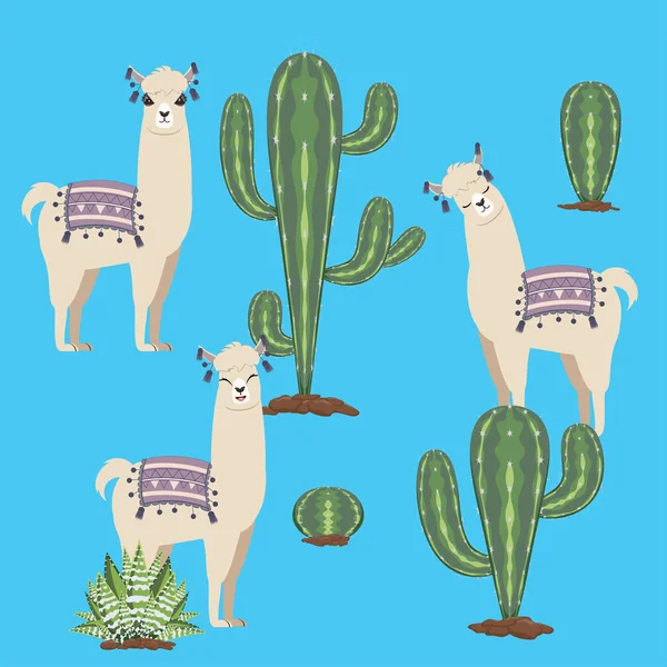Lindo Dibujo Animado Llama Con Cactus Fondo Diseño — Vector de stock