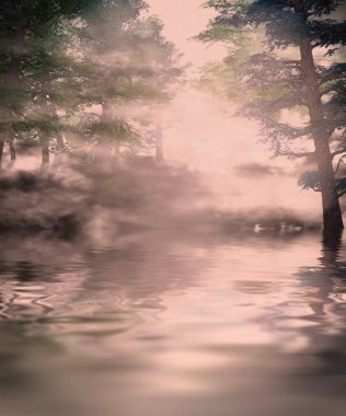 Sisli çam ormanının gece zaman, 3d çizim.