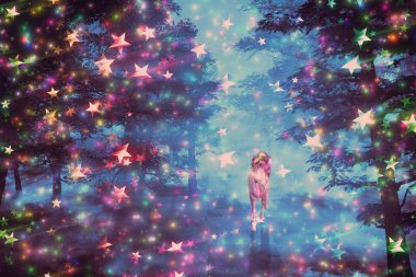 Gece fantezi ormandaki 3d resimde beyaz tek boynuzlu at.