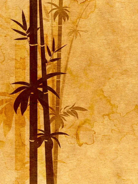 Abstract bamboo branches with leaves grunge illustration, paper texture.