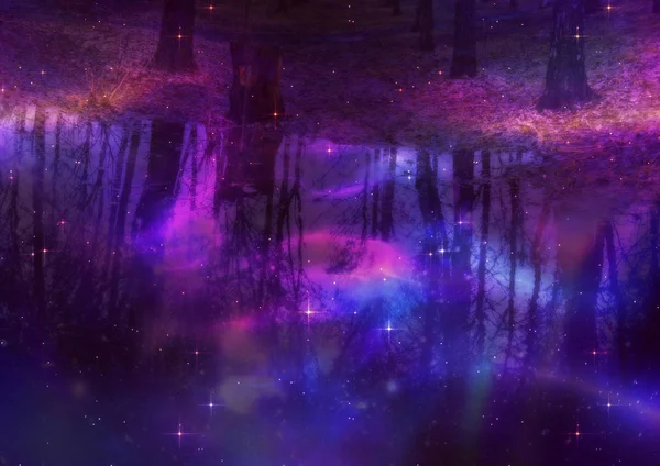 Birken Spiegeln Sich Wasser Und Glühende Sterne Surrealer Fantasie Hintergrund — Stockfoto