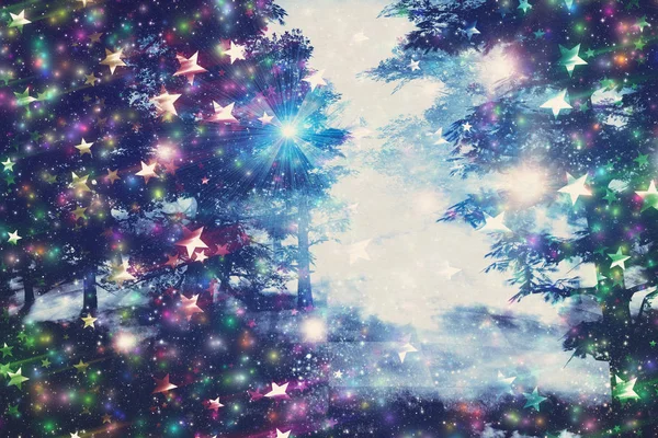 Nacht Fantasy Forest Met Gloeiende Sterren Illustratie — Stockfoto