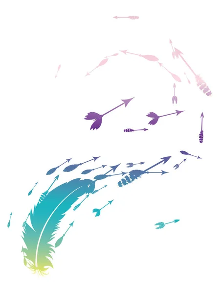 羽と装飾的な矢のカラフルなデザインのシルエット — ストックベクタ